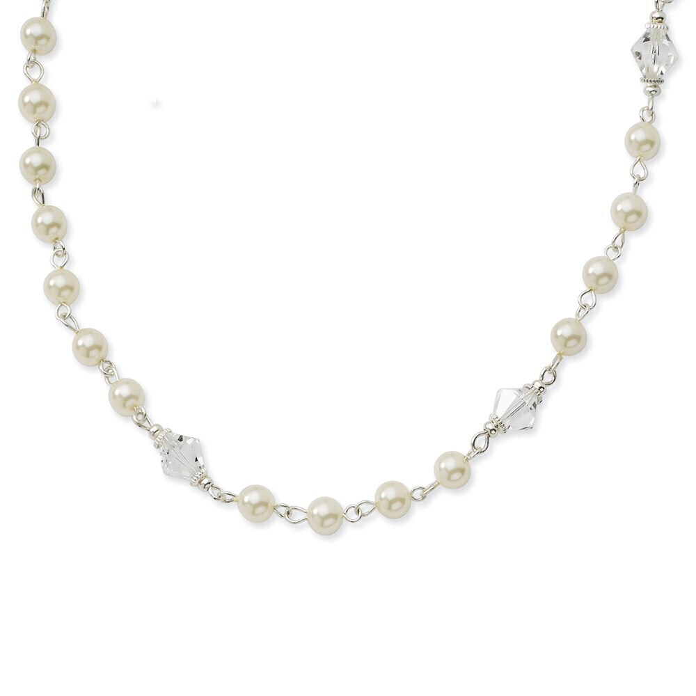 1928 Crystal Faceted Beads White Imitation Pearl Strand 15.5" Necklace w 3" ext